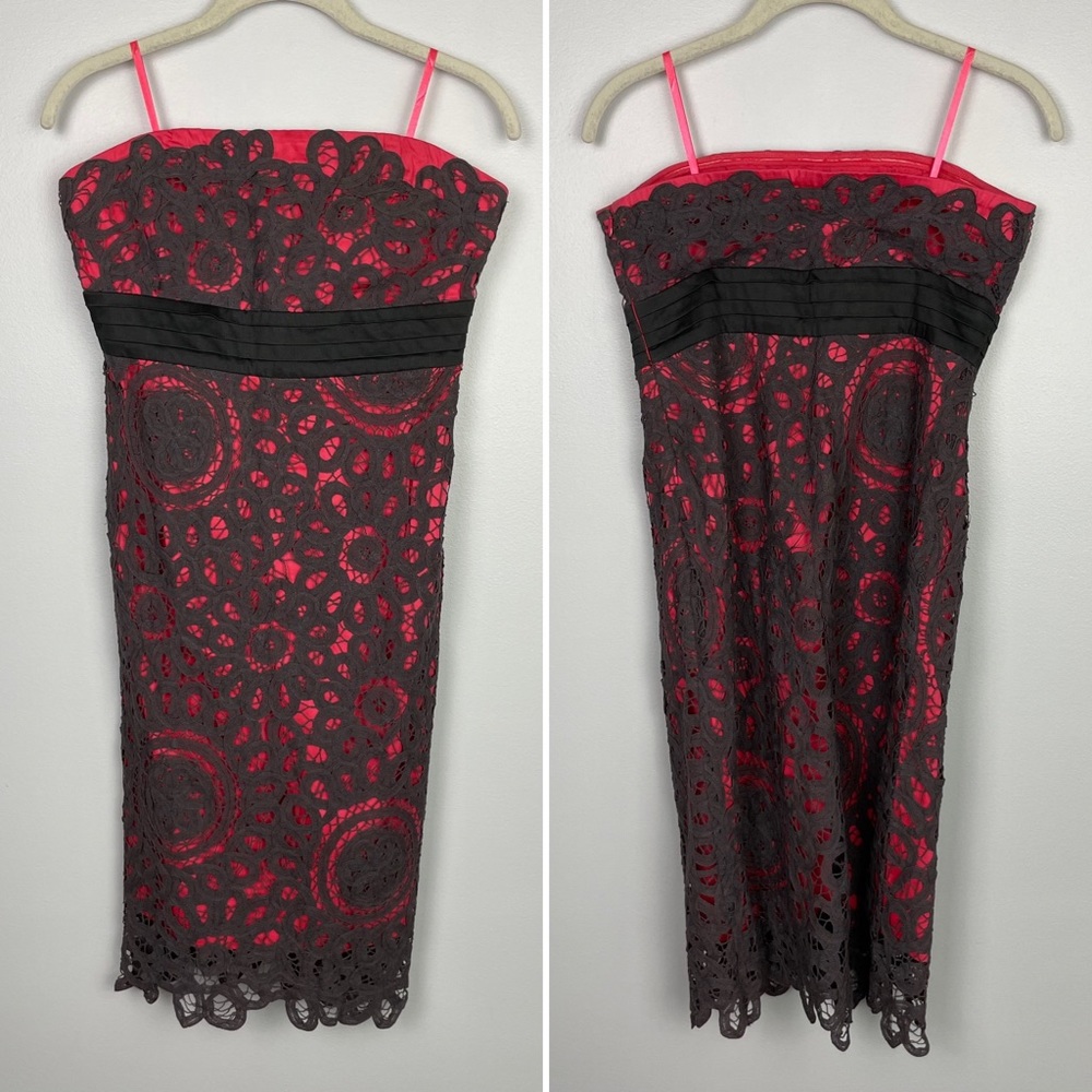 Anthropologie Floreat Gray Coral Red Sunrise & Midnight Lace Strapless Dress